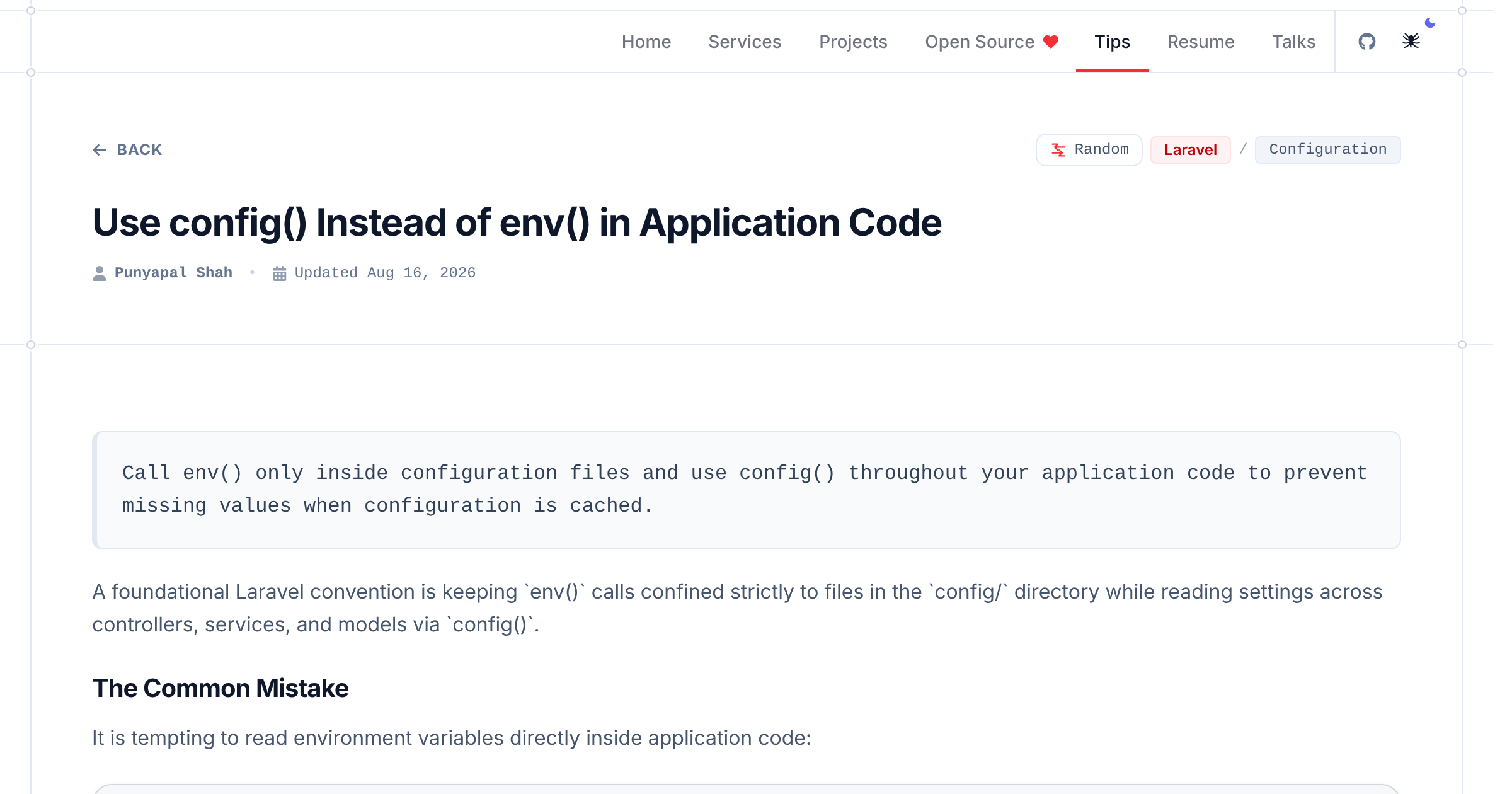 Use config() Instead of env() in Application Code - Laravel & PHP Tip | Punyapal Shah