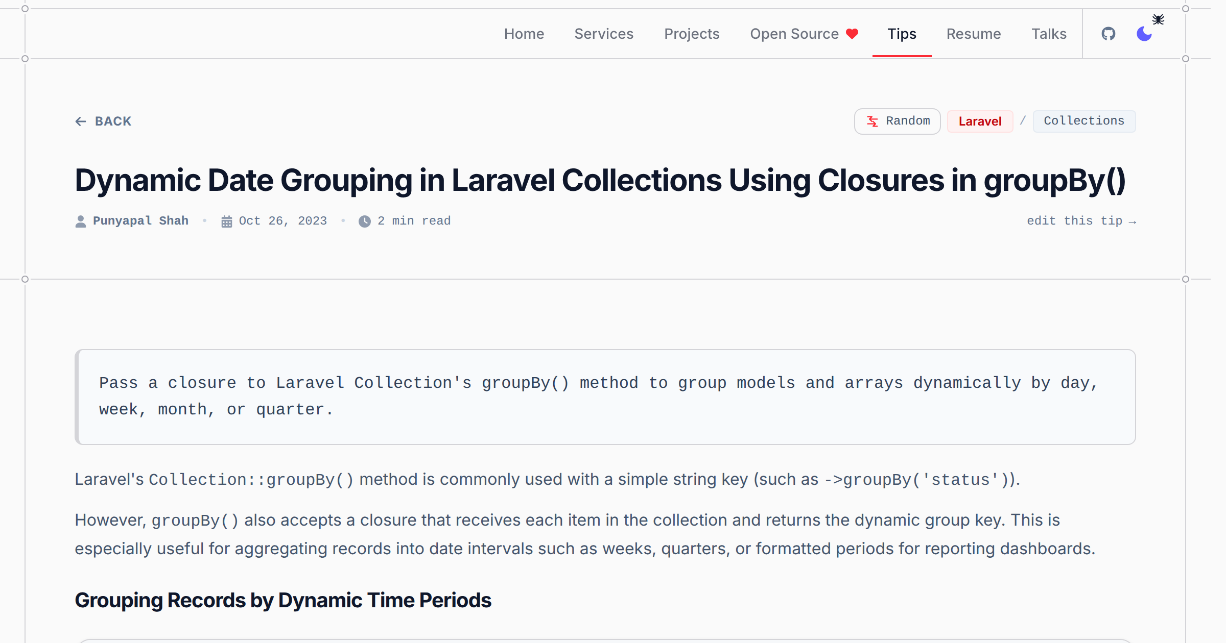 Dynamic Date Grouping in Laravel Collections Using Closures in groupBy() - Laravel & PHP Tip | Punyapal Shah
