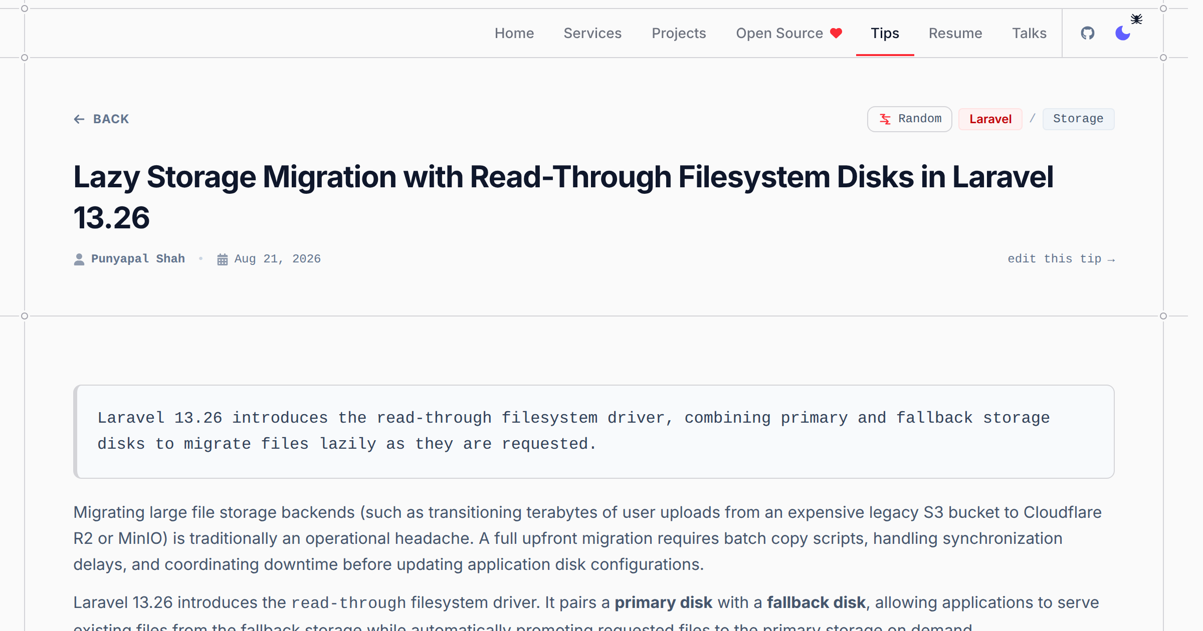 Lazy Storage Migration with Read-Through Filesystem Disks in Laravel 13.26 - Laravel & PHP Tip | Punyapal Shah