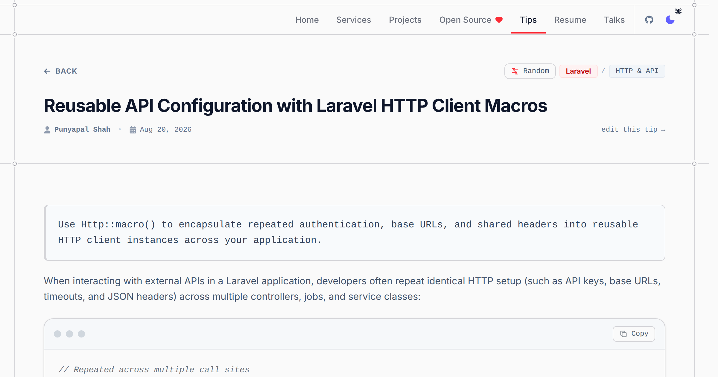 Reusable API Configuration with Laravel HTTP Client Macros - Laravel & PHP Tip | Punyapal Shah