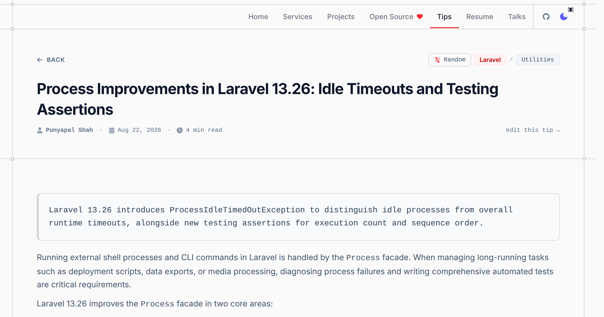 Process Improvements in Laravel 13.26: Idle Timeouts and Testing Assertions - Laravel & PHP Tip | Punyapal Shah