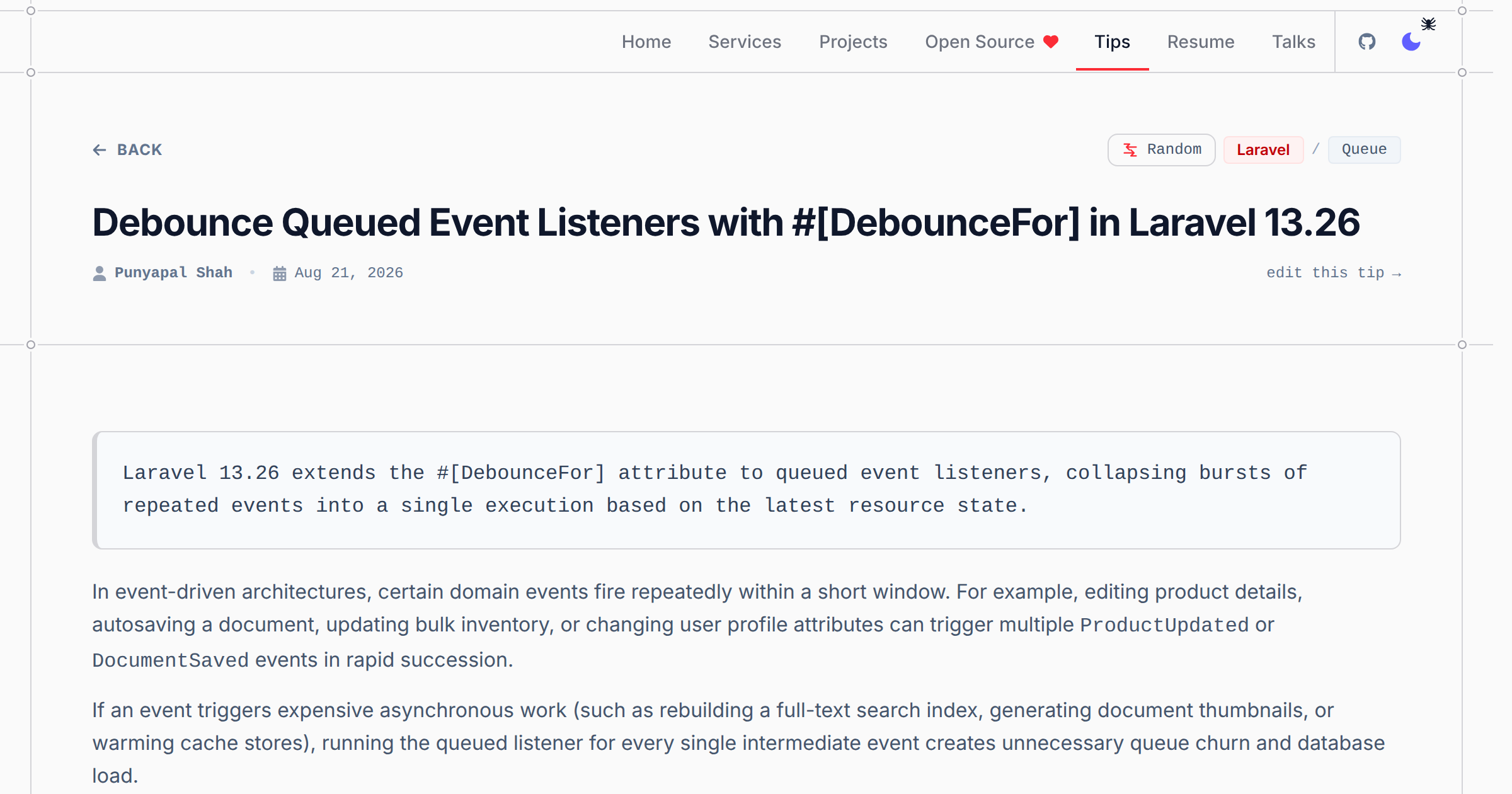 Debounce Queued Event Listeners with #[DebounceFor] in Laravel 13.26 - Laravel & PHP Tip | Punyapal Shah