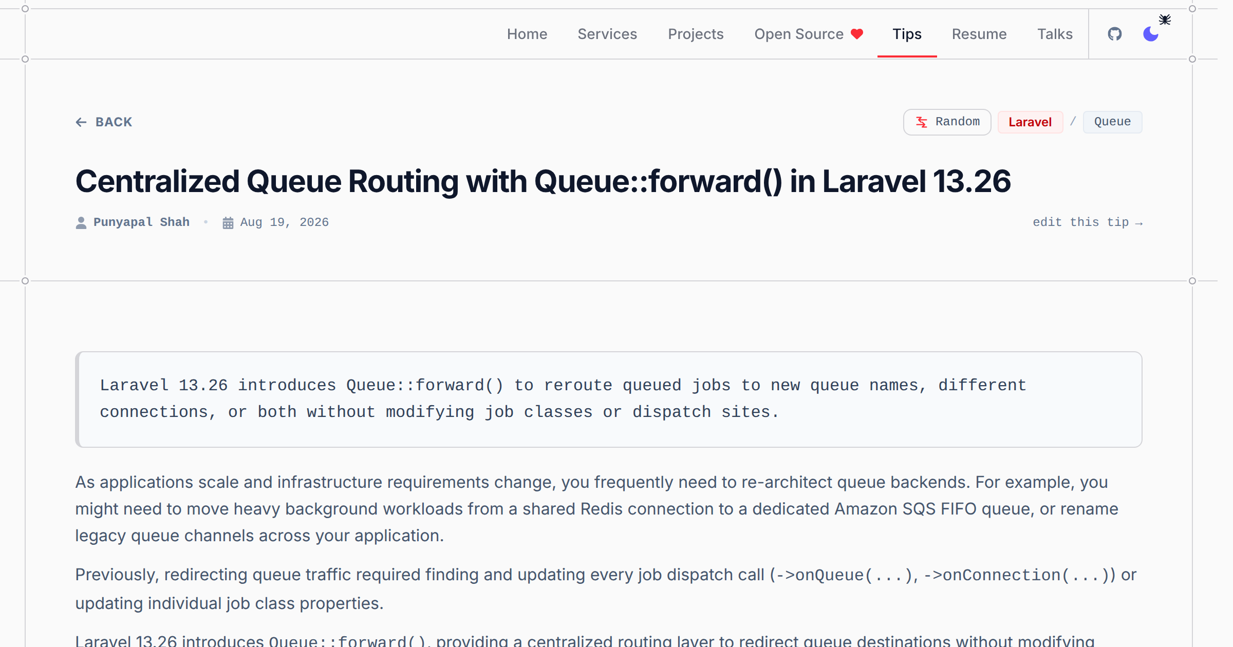 Centralized Queue Routing with Queue::forward() in Laravel 13.26 - Laravel & PHP Tip | Punyapal Shah