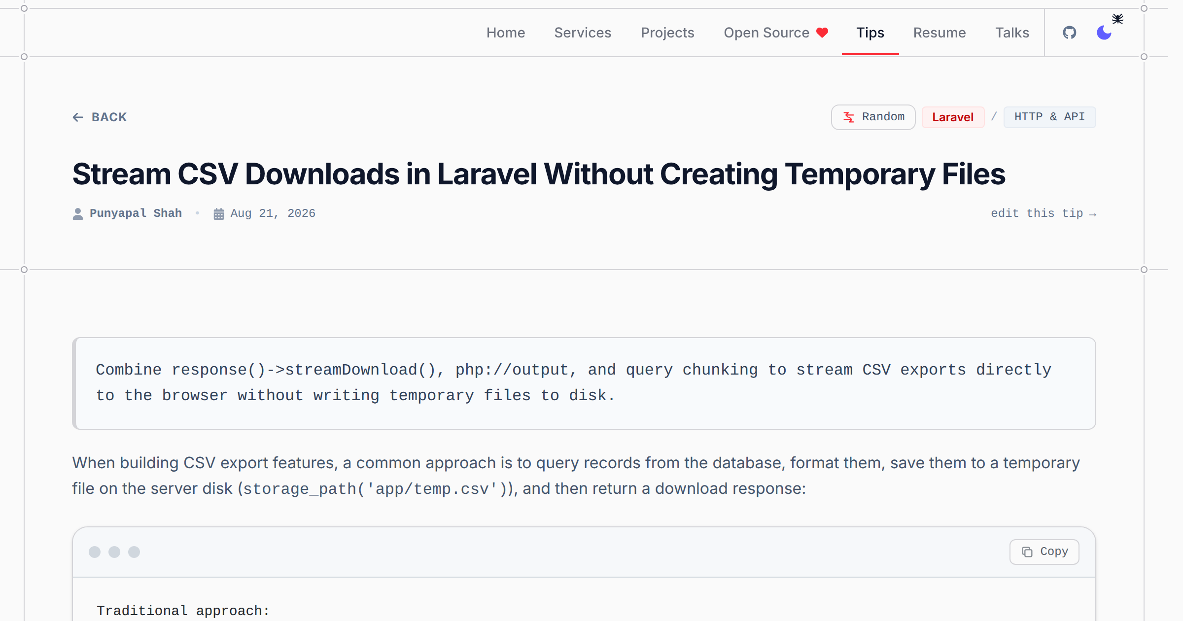 Stream CSV Downloads in Laravel Without Creating Temporary Files - Laravel & PHP Tip | Punyapal Shah