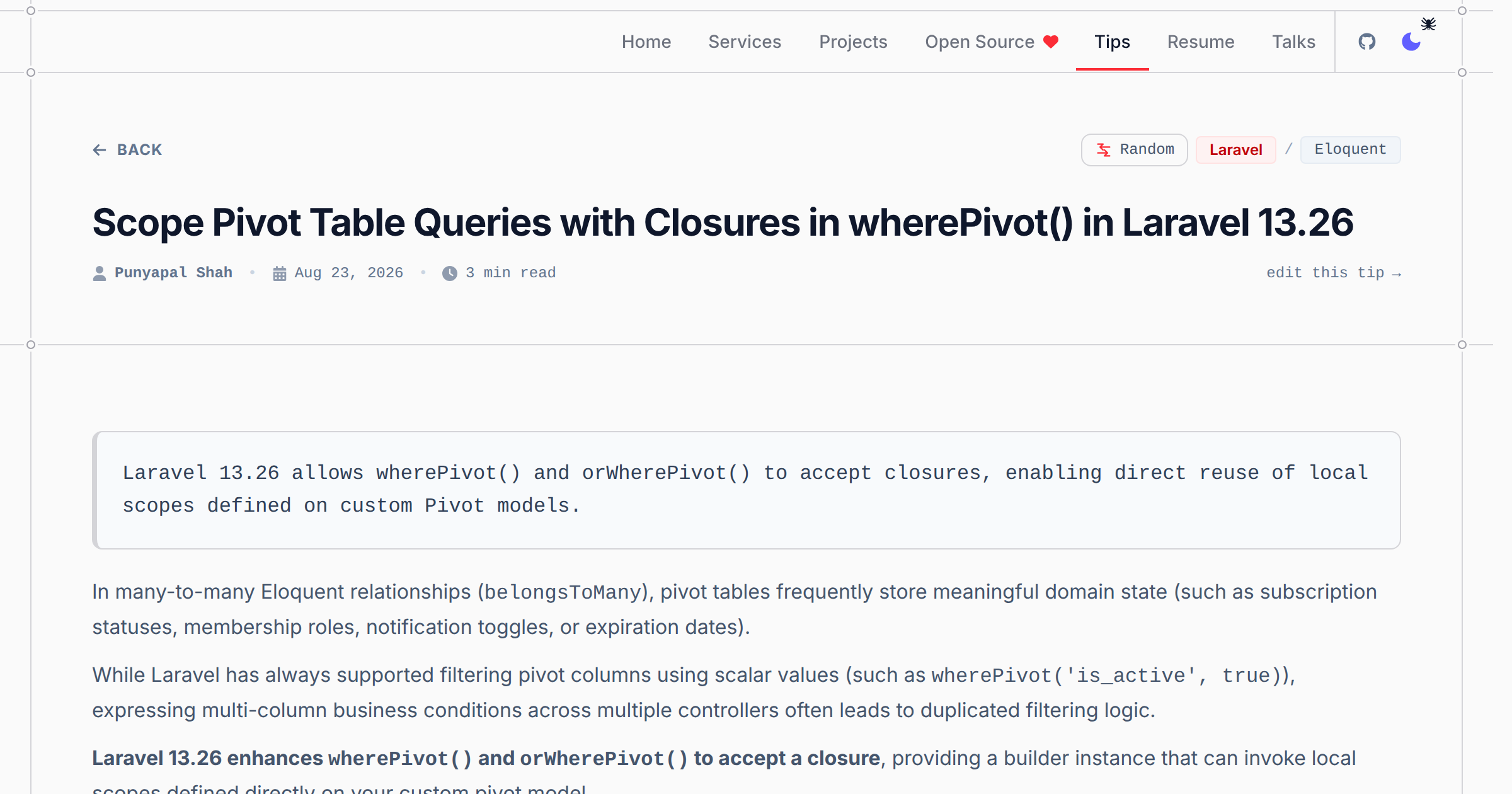 Scope Pivot Table Queries with Closures in wherePivot() in Laravel 13.26 - Laravel & PHP Tip | Punyapal Shah