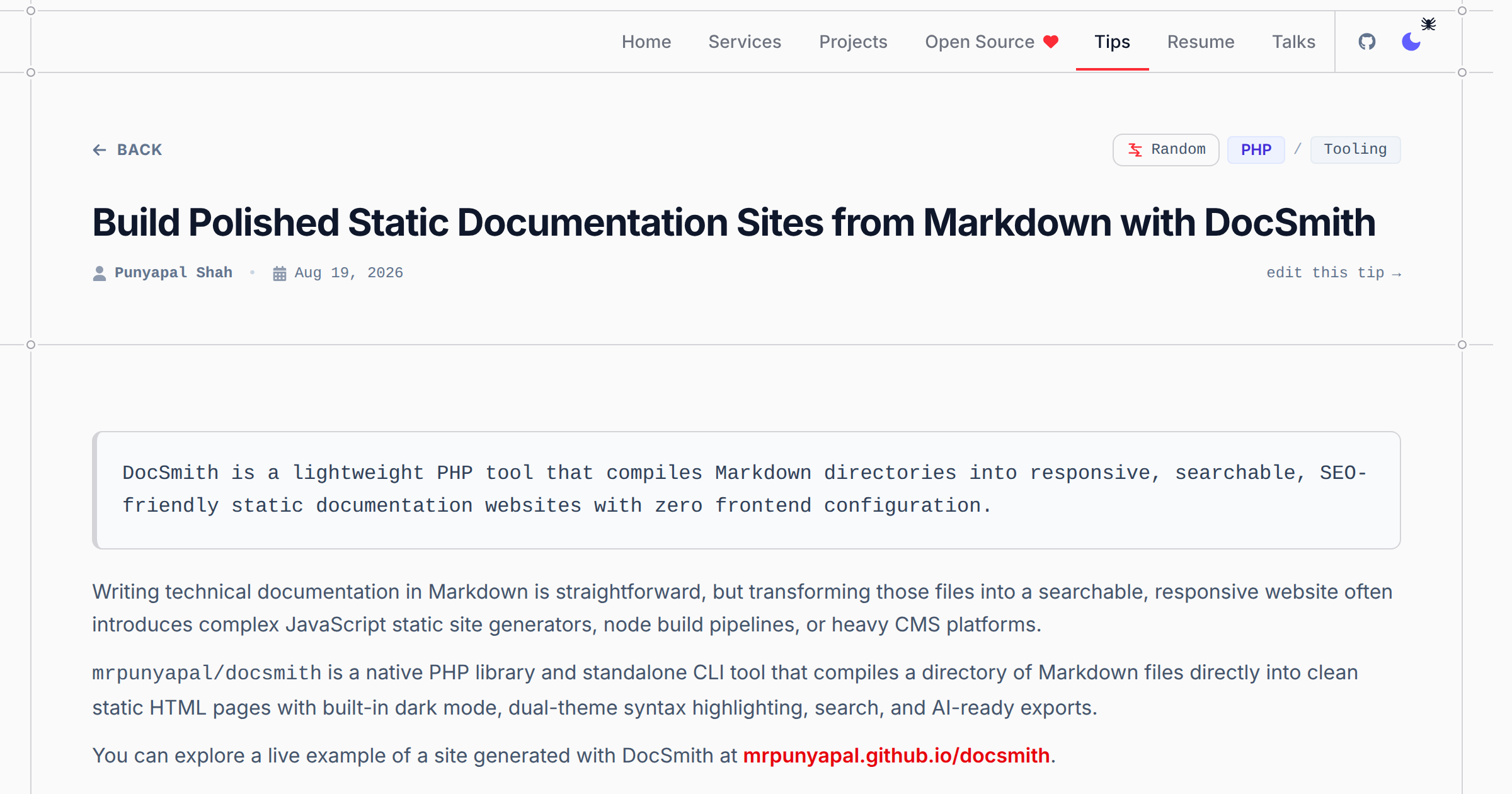 Build Polished Static Documentation Sites from Markdown with DocSmith - PHP Tip | Punyapal Shah